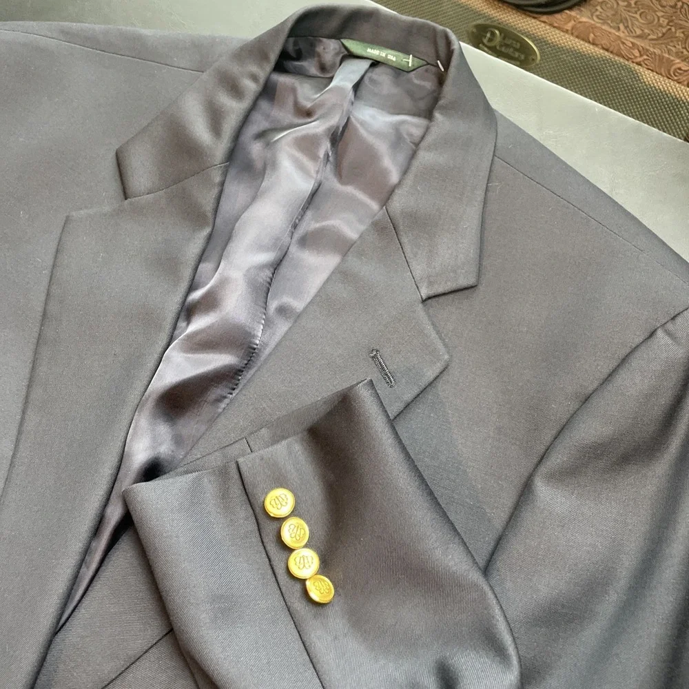 BROOKS BROTHERS Black 42L Ing Loro Piana Gold Button Navy Blazer Double B
